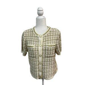 Talbots Womens Cream & Gold Tweed Short Sleeve Cardigan Sweater PL New With Tags
